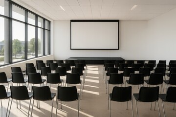 Bright Seminar Room with Large Windows and Blank Presentation Screen