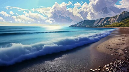 Scenic coastline with waves crashing on a sandy beach under a bright sky in high-definition nature visuals and serene landscapes for relaxation - Powered by Adobe