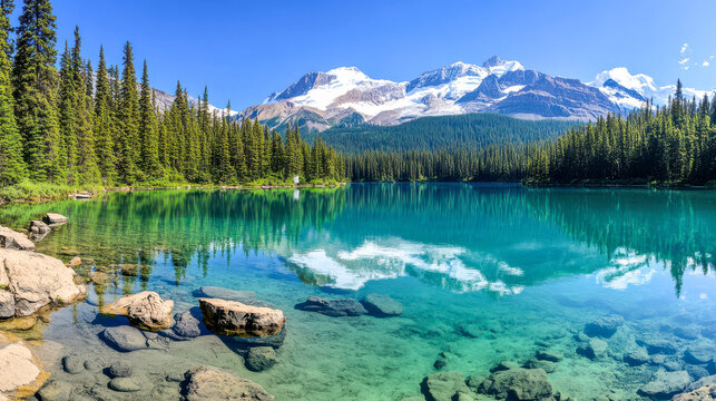 A stunning mountain lake with turquoise water, surrounded by snow-capped peaks and evergreen forests, reflecting a clear blue sky