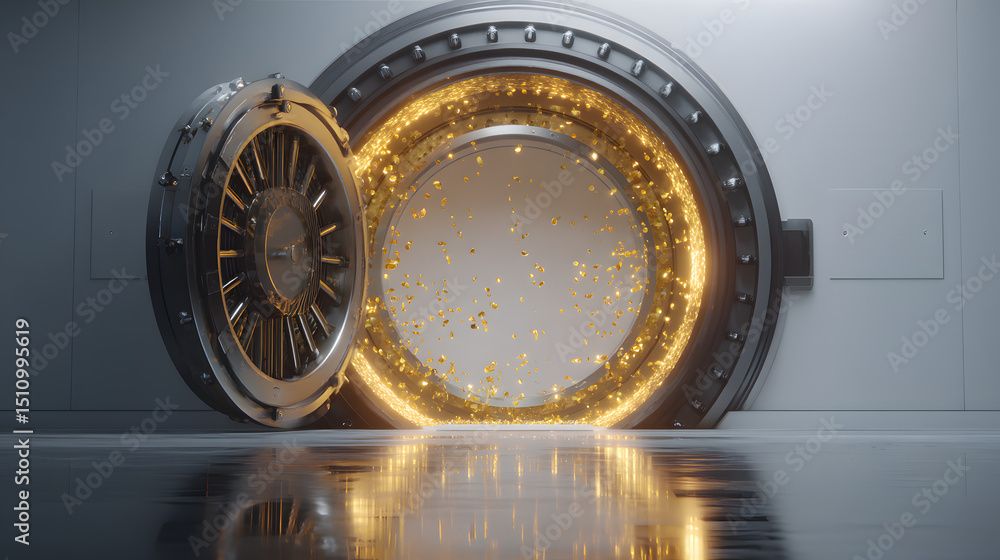 Poster securing your digital assets a 3d render of a vault door and glowing particles