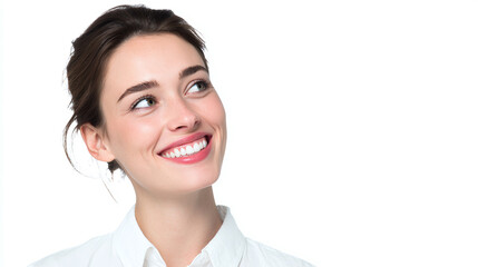 portrait of a young woman isolated against white background smiling looking to the right
