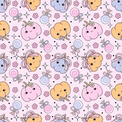 Kawaii Pumpkin Bow Candy Pattern. Whimsical Pumpkin Candy Bow Design. Halloween fabric design.