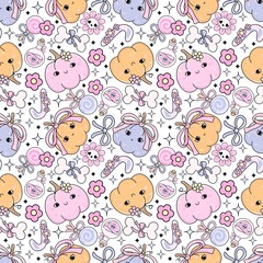 Kawaii Halloween Pumpkins Seamless Pattern.Pastel Pumpkin and Potion Repeat Design.
Cute Halloween Candy and Pumpkin Pattern