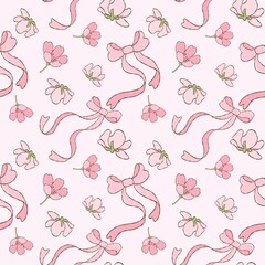 Pink Blossom Ribbon Delightseamless pattern.Floral Bow Pastel Pattern.
Cherry Blossom Ribbon Design.Soft Pink Bow Blossom Print.