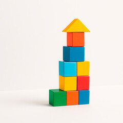 Obraz premium A tower made of bright wooden blocks. Space for text.