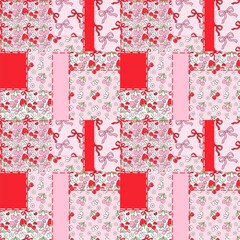 Cherry Bow Patchwork Pattern.
Cute Cherry Daisy Bow Design.Whimsical Cherry Bow Floral Art.Adorable Cherry Patchwork Bow Print"
