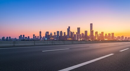 Fototapeta premium Cityscape Skyline at Sunset, Empty Highway Road