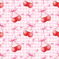 Coquette cherry seamless  Pattern. Cherry bow fabric design. Cherry Bow Pattern