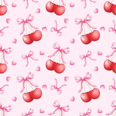 Cherry Bow Heart Pattern.Cute Cherry Bow Love Design.Whimsical Cherry Heart Bow Art.
Adorable Cherry Bow Heart Print