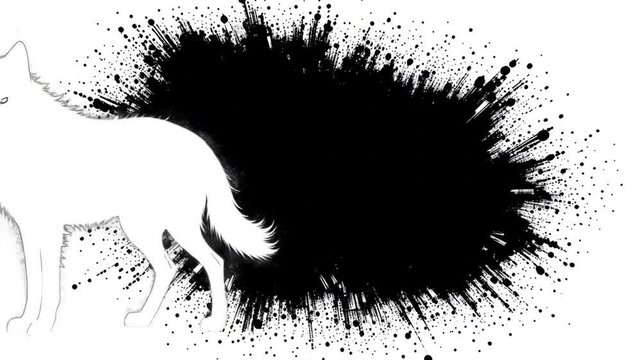 White Wolf Silhouette in Particle Explosion Against Black Background. 4k video 
