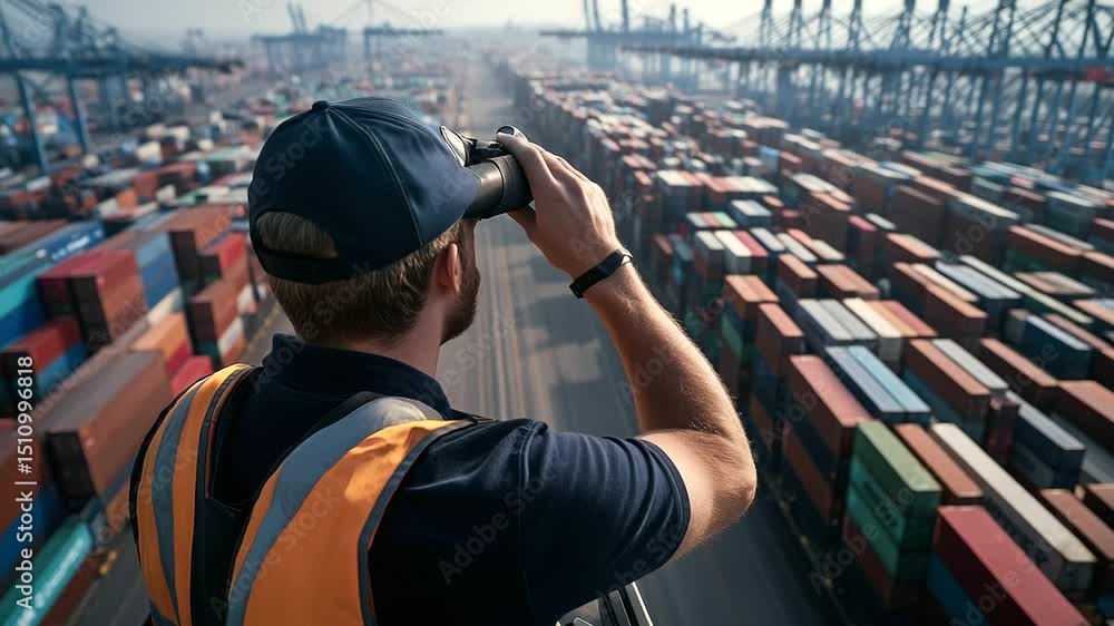 Poster port supervisor overseeing operations from elevated control tower, binoculars in hand, endless rows 