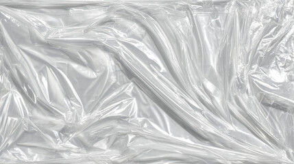 Transparent plastic wrap crumpling and folding, generating dynamic abstract shapes with light reflecting across wrinkled, glossy surfaces