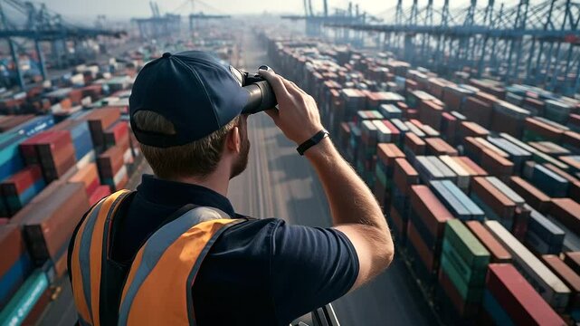 Port supervisor overseeing operations from elevated control tower, binoculars in hand, endless rows of containers stretching below