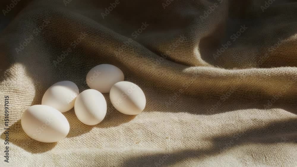 Poster four pristine white eggs rest on a slightly wrinkled linen cloth, bathed in the warm glow of natural