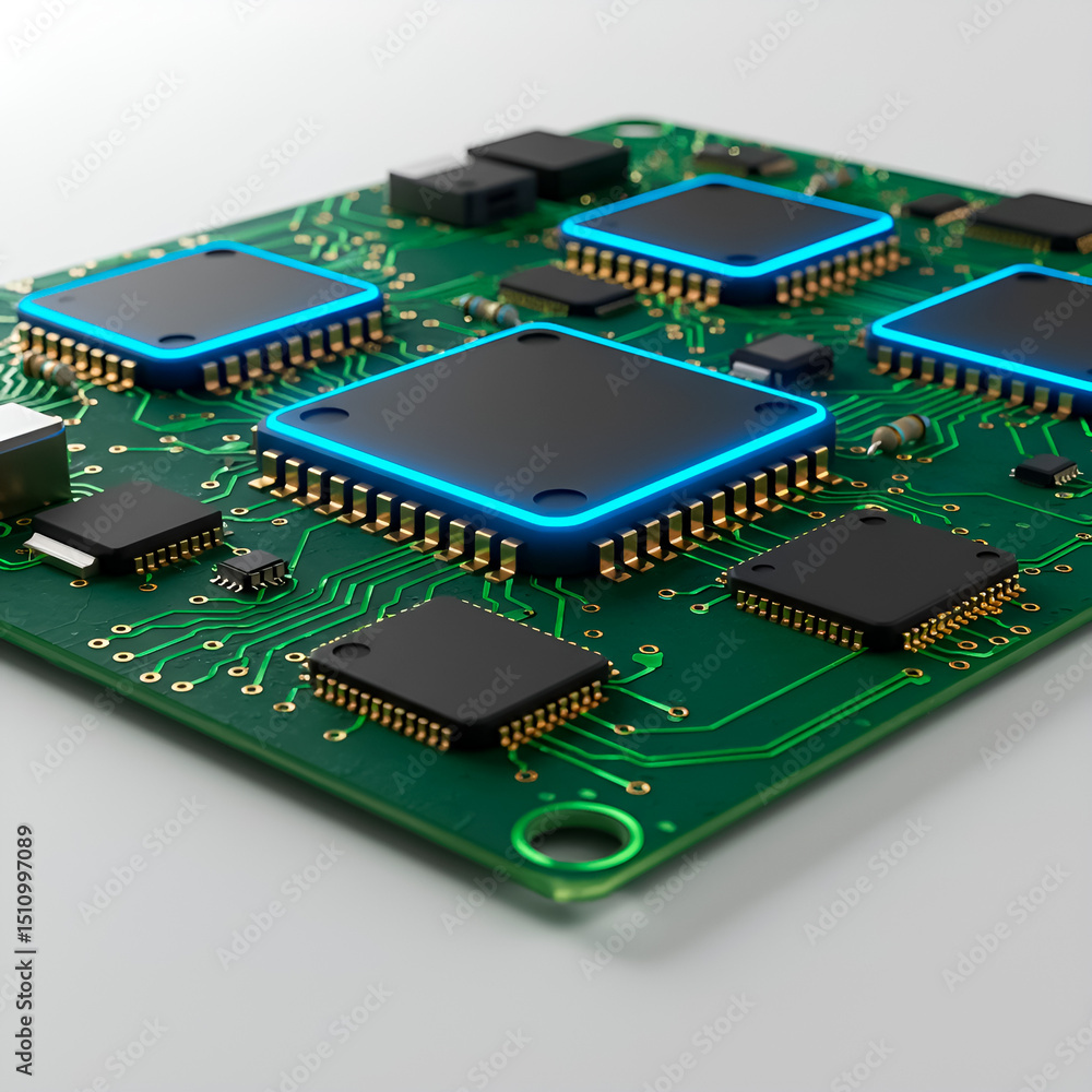 Poster illustration 3d of a high-tech circuit board with glowing microchip