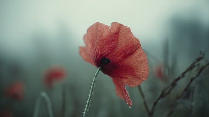 Obraz premium A macro shot of a crimson blossom surrounded by green blades of grass, displaying dew on its petals