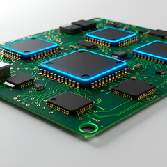 Obraz premium Illustration 3D of a High-Tech Circuit Board with Glowing Microchip