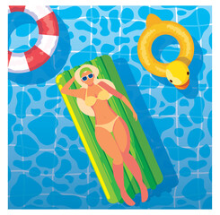 Vector Illustration: Woman Relaxing on Inflatable Mattress in Pool with Floaties
