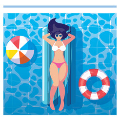 Vector Illustration: Woman Lounging on Inflatable Mattress in Pool with Beach Ball and Life Ring