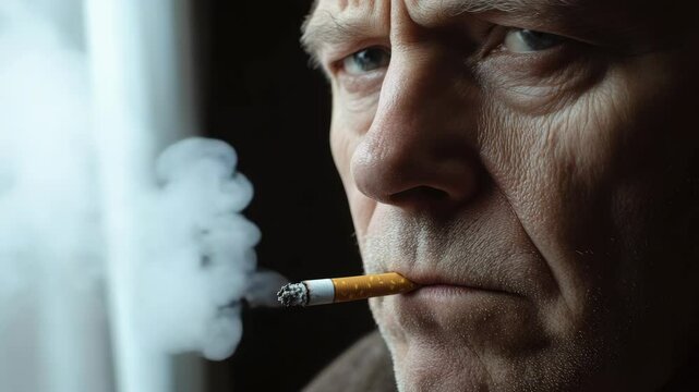 Old man puffing on cigarette in home setting.