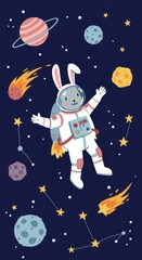 A playful rabbit in a spacesuit floats among planets and stars in a whimsical adventure