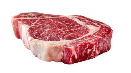 Marbled raw rib eye steak with deep red hue, showcasing premium beef quality against clean transparent backdrop, ready for high end culinary preparation