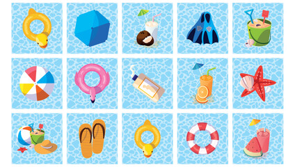 Vector Illustration Collection: Summer Beach and Pool Vacation Themed Objects in Individual Framed Squares