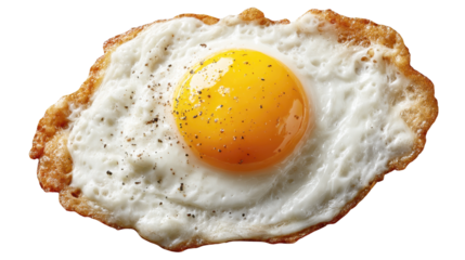 Crispy edged fried egg with golden runny yolk, sprinkled with cracked black pepper, professionally photographed against clean transparent background