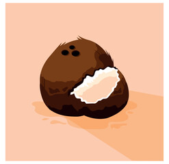 Flat Vector Illustration of a Whole and Cracked Brown Coconut on a Peach Background for Tropical and Healthy Food Concepts