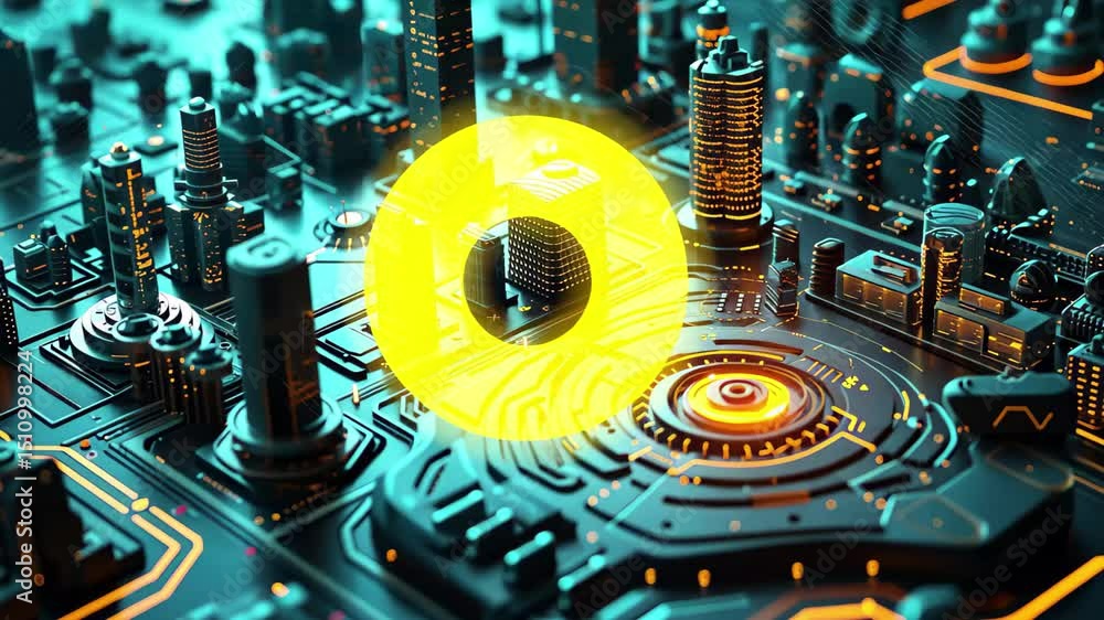 Poster futuristic cityscape with glowing circuits and skyscrapers representing technology and innovation in