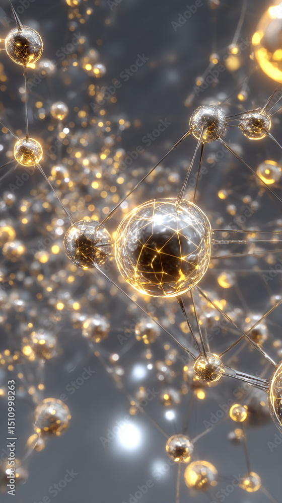 Aufkleber Abstract image of interconnected spheres with glowing centers, creating a network structure symbolizing connection, communication, or technological advancement