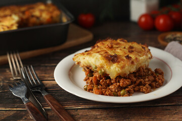 A shepherd's pie, freshly backed and ready to be served. Traditional English dish