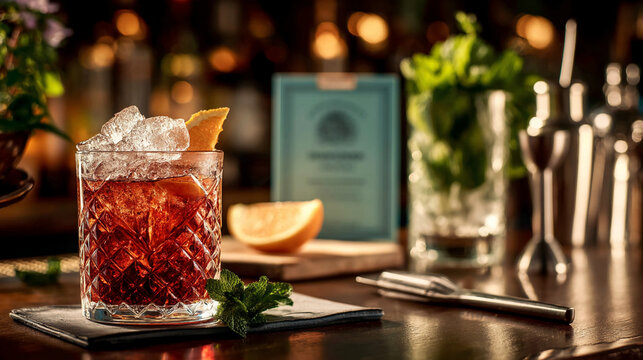 Close-up of a dark red cocktail in a cut-glass tumbler with ice and orange garnish, showcasing a bar setting, symbolizing sophistication and refreshment