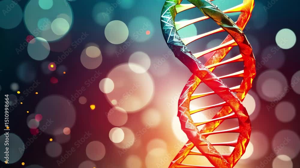Poster Colorful DNA double helix rotating against a vibrant bokeh background with light reflections creating a mesmerizing visual experience in a scientific context