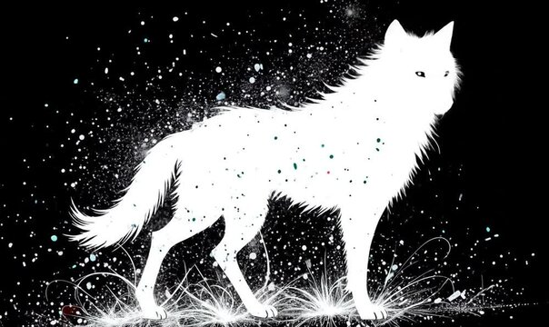 White Wolf Silhouette in Particle Explosion Against Black Background. 4k video 