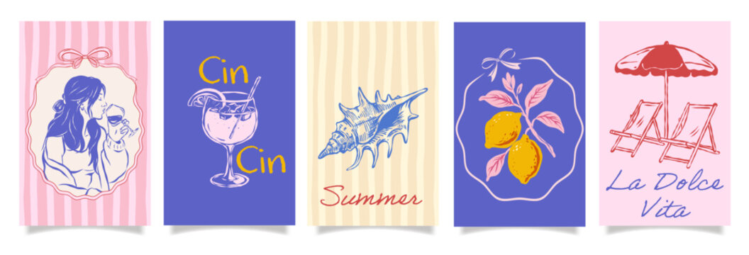 Italian summer postcard set with lemons, cocktails, shell, wine, girl, beach chairs, umbrella, handwritten text, pastel colors, La Dolce Vita theme, vector illustration collection