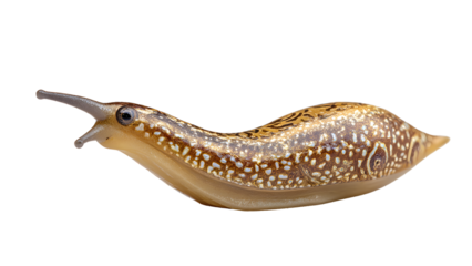 Leopard slug limax maximus isolated on transparent background, featuring brown and white spots on its skin