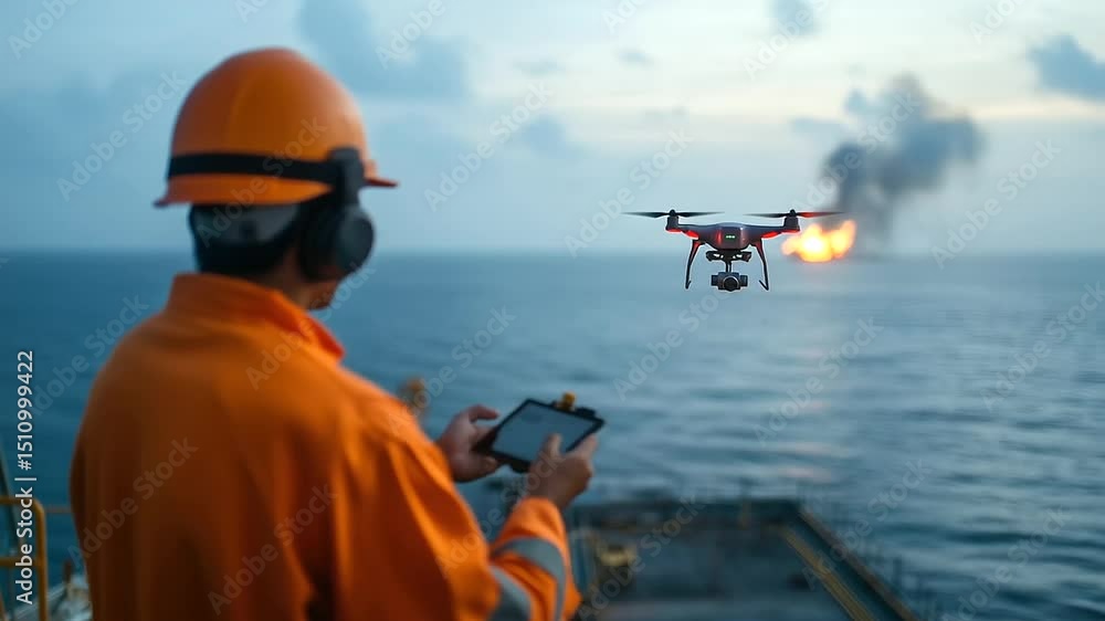 Aufkleber technician using drone to inspect flare tip, drone hovering against backdrop of open endless sea