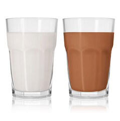 Chocolate drink and milk in glasses isolated on white
