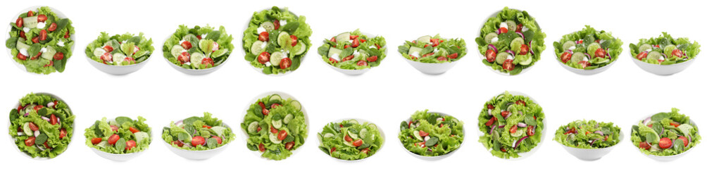 Tasty fresh salads with vegetables on white background, collage. Top and side view