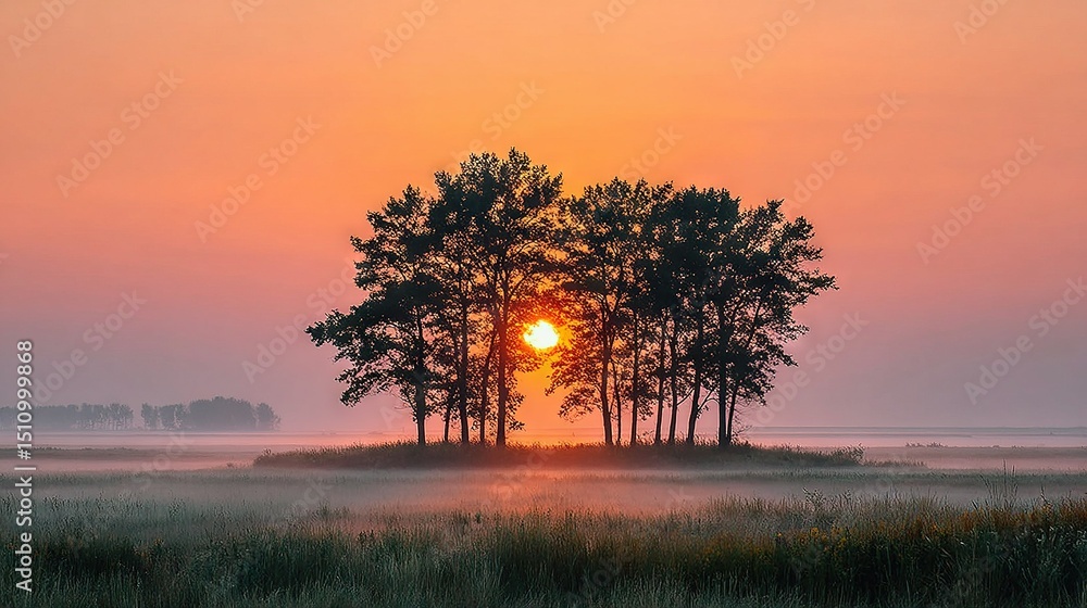 Poster a field of tall grass surrounded by trees as the sun sets behind them in the background