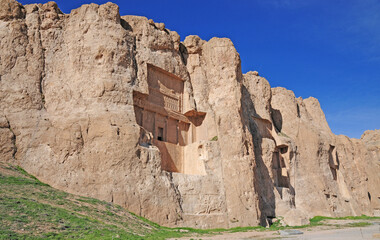 The Nagsh-e Rostam archaeological site in Shiraz, Iran, is a very old historical monumental tomb.