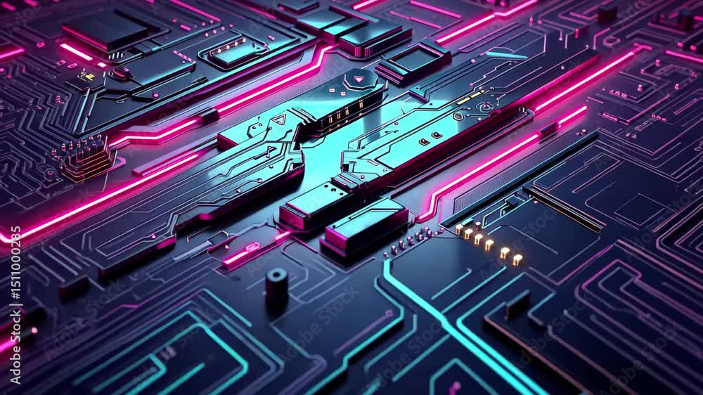 Poster Vibrant neon circuit board design showcasing intricate electronic patterns and glowing lines suitable for technology and futurism themes