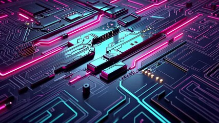 Vibrant neon circuit board design showcasing intricate electronic patterns and glowing lines suitable for technology and futurism themes - Powered by Adobe