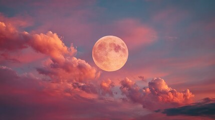 Obraz premium A stunning, illuminated sky featuring a captivating full moon surrounded by fluffy clouds during twilight hours