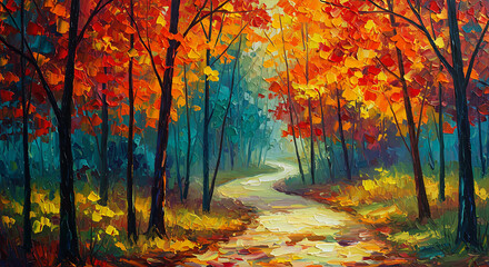 A beautiful impressionistic painting of a winding forest path bathed in the warm, vibrant colors of autumn foliage, creating a magical and serene atmosphere.