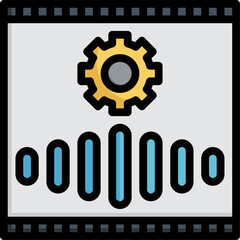 Golden gear hovers above blue sound waves on grey screen, representing audio settings and adjustments in a modern, technological theme.