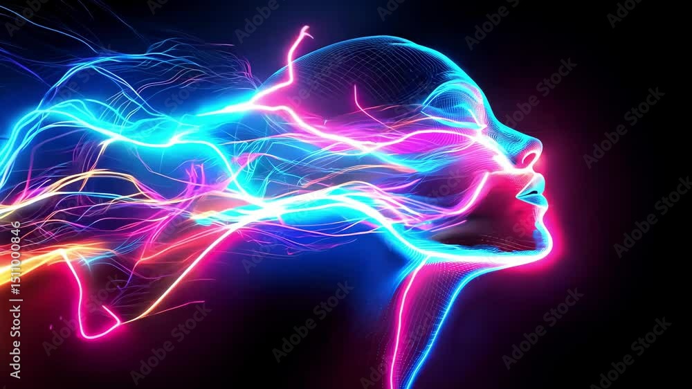 Poster a colorful silhouette of a woman is illuminated with flowing neon light trails over dark backdrop, c