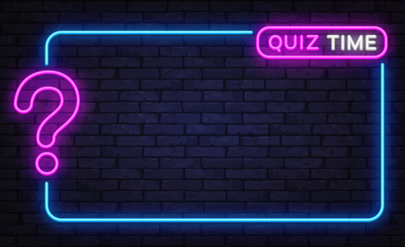 Dark neon template with pink question mark and quiz time tag, glowing blue border, modern trivia screen design