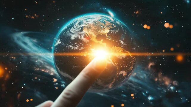 A finger reaches towards Earth as it glows brightly in the vastness of space, showcasing the beauty of our planet and the cosmos